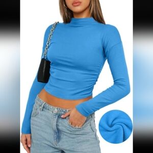 Darong Women's Long Sleeve Mock Neck Slim Fit Crop Top Ribbed Kint Y2K Casual XS